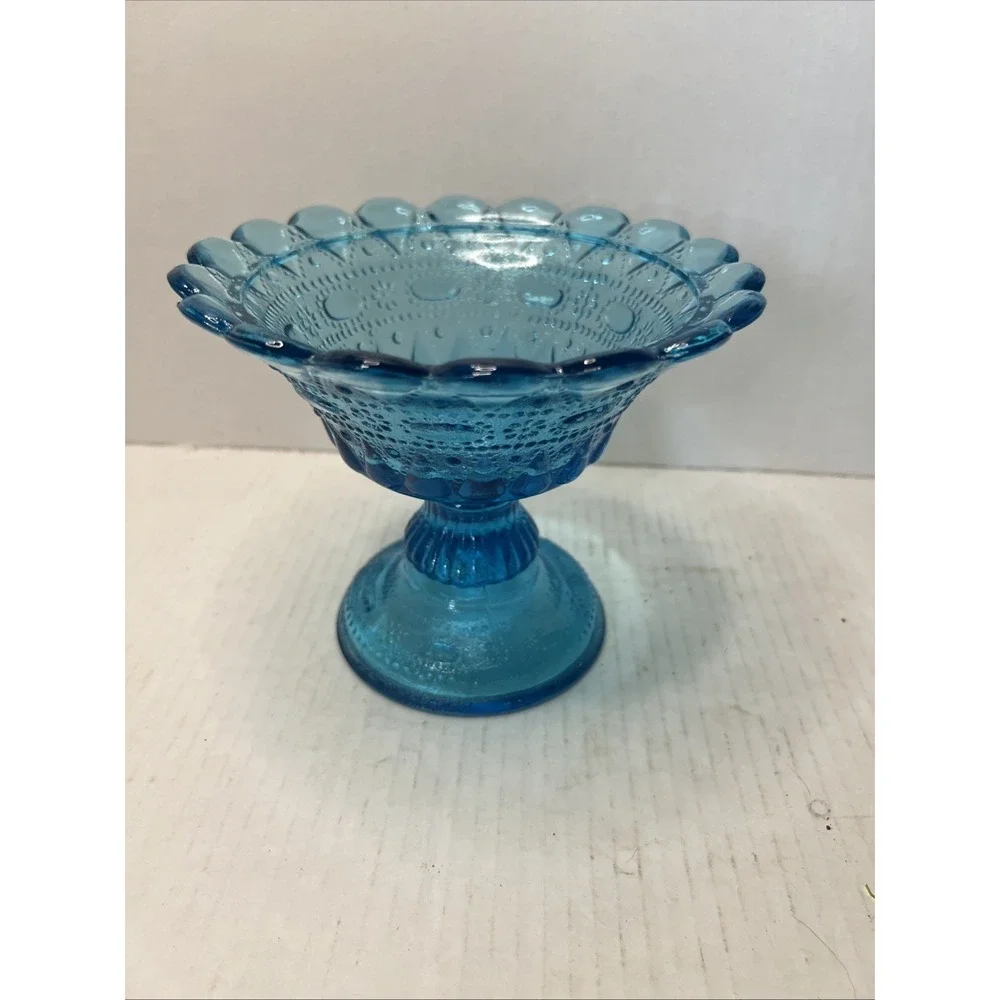 Blue Pressed Glass Vintage Pedestal Compote Bowl Decorative Scalloped Edge